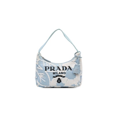 PRADA MINI EMBROIDERED DRILL RE EDITION 2000 SHOULDER BAG 1BH204 (22*18*6cm)  PRADA MINI EMBROIDERED DRILL RE EDITION 2000 SHOULDER BAG 1BH204 (22*18*6cm)